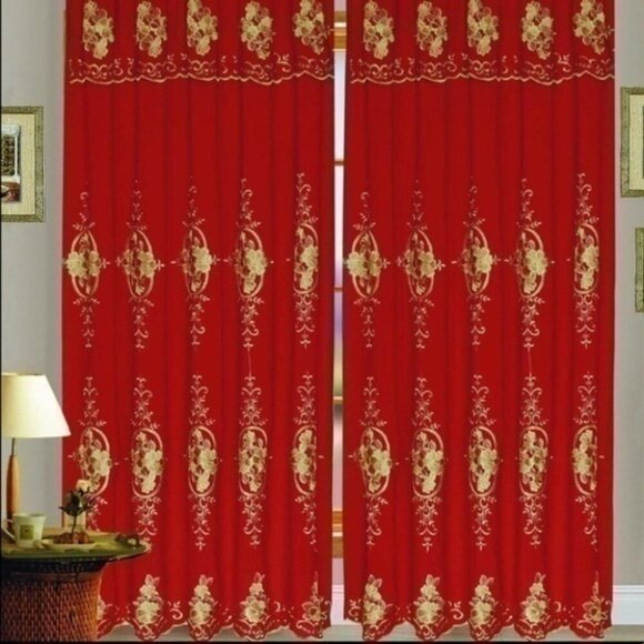 2PC 90”Panel Attached Valance & Gold Embroidery Window Curtains - Picture 1 of 2